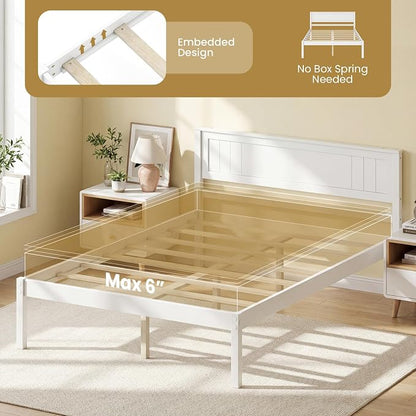 Giantex Full Size Wood Platform Bed Frame with Headboard, Mid Century Solid Wood Mattress Foundation with Slat Support, Double Bed Frame w/16 Under-Bed Storage, No Box Spring Needed (White)