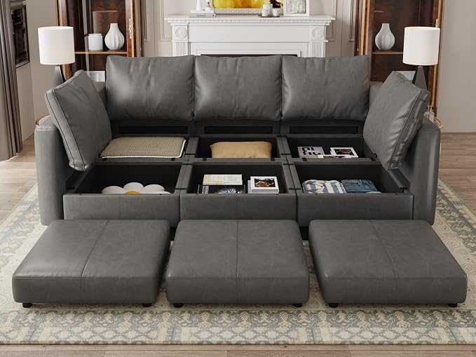 EASE MOOSE Faux Leather Modular Sofa Sectional Sofa Bed with Storage, Faux Leather Sectional Sofa Sleeper Sectional Couch for Apartment