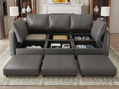 EASE MOOSE Faux Leather Modular Sofa Sectional Sofa Bed with Storage, Faux Leather Sectional Sofa Sleeper Sectional Couch for Apartment