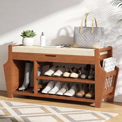 oakvivo 47.2in Shoe Bench Entryway - Bamboo Shoe Rack Bench with Storage, Shoe Rack Organizer with Cushion, 2 Side Holder, Holds Up tp 330lbs for Front Door Entrance, Living Room