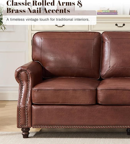 Kingfun Small Leather Loveseat, 57.9" Mid Century Modern Leather Couch for Living Room, Bedroom, Office, Love seat Sofas, Mini Sofa with Rolled Arms and Nailhead Trim, Dark Coffee