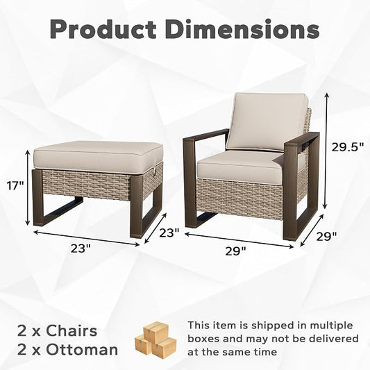 Joyside Outdoor Patio Chairs, 4 Pieces Wicker Rattan Furniture Set, 2 Patio Chairs and 2 Ottoman, Metal Wide Armrest, Thick Cushions and Deep Seating for Garden, Backyard, Porch, Deck