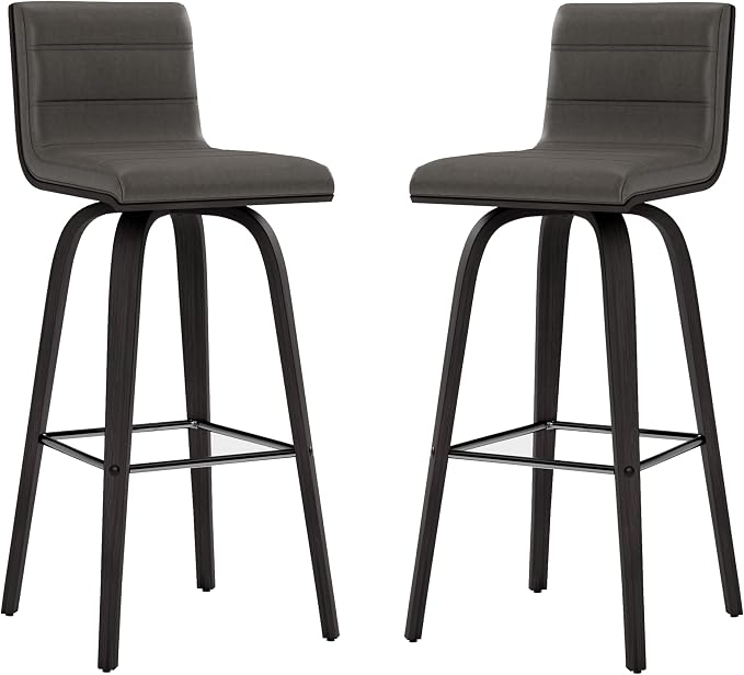 Armen Living Vienna Modern Swivel 30" Bar Height Barstool with Gray Faux Leather and Black Wood Finish