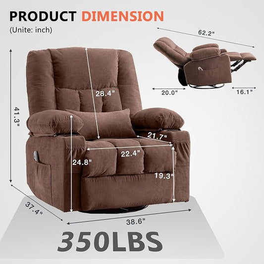 Swivel Rocker Recliner Chair with Vibration Massage and Heat Ergonomic Lounge Chair for Living Room with Rocking Function and Side Pocket, 2 Cup Holders, USB Charge Port