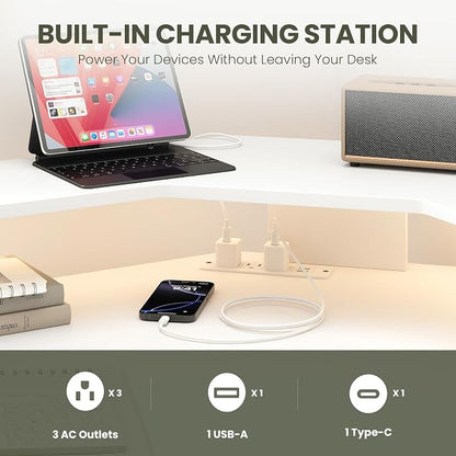 MALOL 59" L Shaped Electric Standing Desk with Drawers, Height Adjustable Desk with Power Outlets & LED Lights, Monitor Stand, Corner Computer Desk for Home Office, White