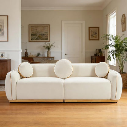 91'' Chenille Cloud Couch, 3 Seater Modern Luxury Sofa with 3 Round Pillows, Solid Wood Base, Easy Assembly, Plush Comfy Upholstered Couch for Living Room, Apartment (Cream White)