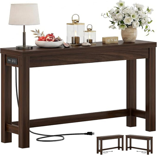 Cyclysio 47" Console Table with Charging Station, 13.8" Deep Farmhouse Sofa Table Behind Couch with 2 AC Outlets & 3 USB Ports, Entryway TV Console or Compact Home Office Desk, Black Walnut