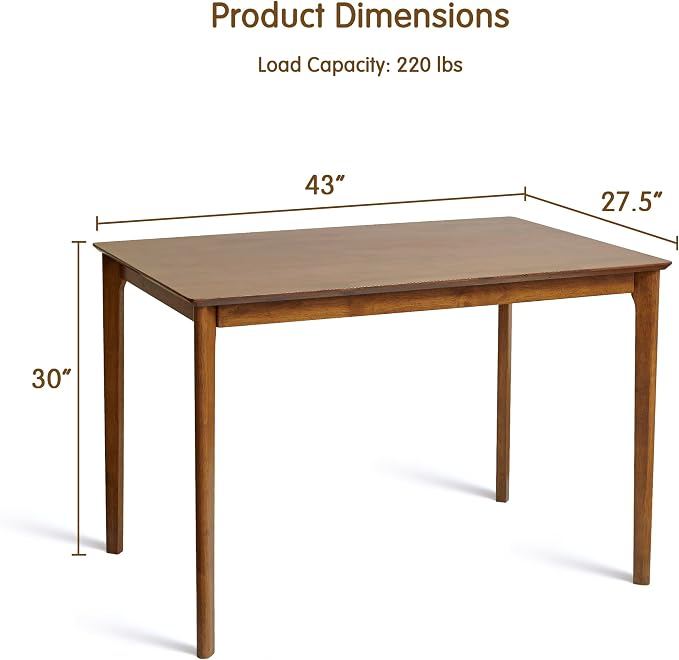 HOMYZOO Small Dining Table for 4-6 People, 43 Inch Rectangular Solid Wood Kitchen Table for Small Space, Easy Assembly, Dining Room Table for Home, Apartment, Office, Walnut
