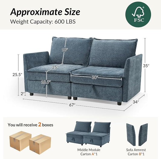 HULALA HOME 67'' Modern Chenille Loveseat Sofa, 2 Seater Couch with Storage, Comfy Deep Seat, Small Loveseat Couches for Living Room Furniture with Pillows, Easy to Install, Blue