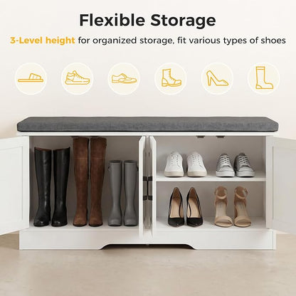 Shoe Bench, 47" Wide Bench with Storage with Padded Seat Cushion, Spacious Shoe Storage Bench with 4 Doors & Adjustable Shelf for Entryway, Bedroom, Living Room, White