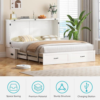 CECER Queen Murphy Bed with Mattress，Space Saving and Easy Assemble-White | Built-in Multi-Port Charging Station ＆ Large Storage Drawer，Sturdy frame ＆ Easy to Move Track