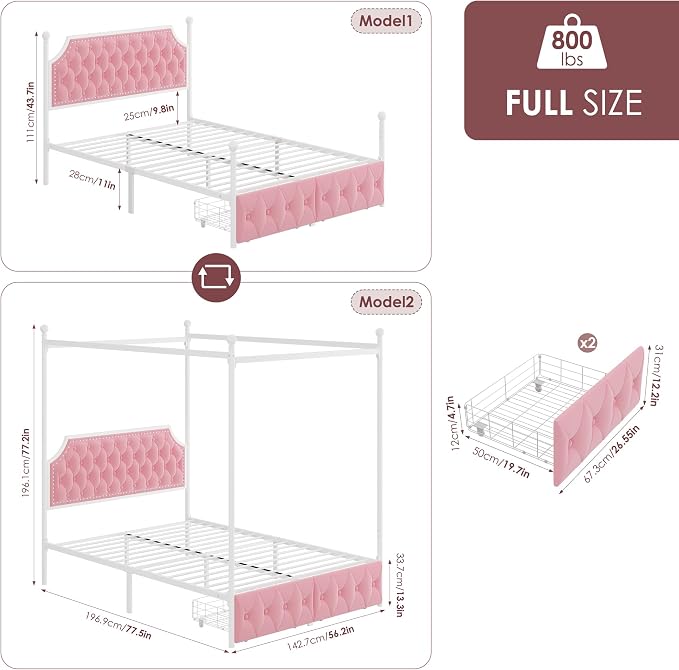 Keyluv Full Upholstered Canopy Bed Frame with 2 Storage Drawers & Button Tufted Headboard, Metal Platform Bed with 4 Removable Posts, Two-Purpose Velvet Bed, Pink/Curtain Not Included