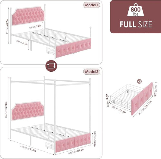 Keyluv Full Upholstered Canopy Bed Frame with 2 Storage Drawers & Button Tufted Headboard, Metal Platform Bed with 4 Removable Posts, Two-Purpose Velvet Bed, Pink/Curtain Not Included