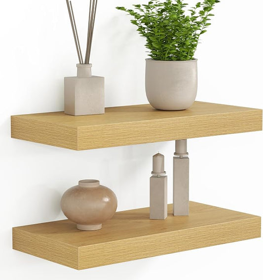 Fun Memories 16 Inch Floating Shelves - Deep Rustic Wooden Wall Shelves - Extra Deeper & Thicker Wall Mounted Storage Shelf for Bedroom, Kitchen, Farmhouse - 2 Pack, Oak