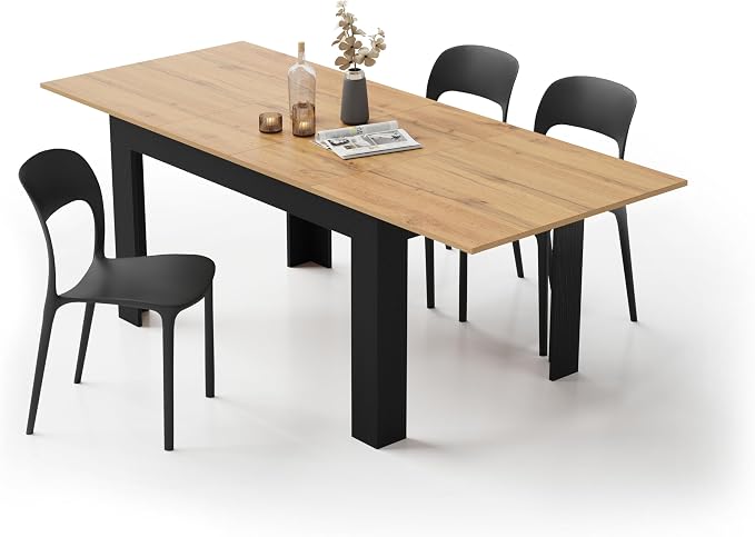 Mobili Fiver, Easy, Extendable Dining Table, 55.1(86.6) x35.4 in, Rustic Oak and Ashwood Black, for 6-8 People, Expandable Dining Table for Kitchen, Italian Furniture