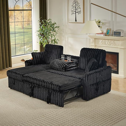 KCGKCG Sleeper Sofa Bed, 81” Pull Out Couch Bed with Reversible Storage Chaise, 3 in 1 L-Shaped Couch with Charging Station, Cup Holder, Side Pocket, Plush Corduroy Couches for Living Room(Black)