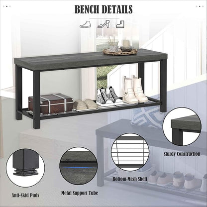 EXCEFUR Entryway Bench, Industrial Metal and Wood Storage Bench for Living Room, Indoor Shoe Rack Bench Seat, 43.3 Inch Grey