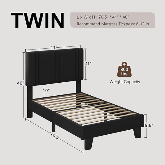 Einhomn Upholstered Twin Size Bed Frame with Linen Fabric Headboard, Strong Wooden Slats Support, Noise Free, No Box Spring Needed, Black