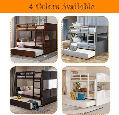 MERITLINE Detachable Full Over Full Bunk Bed with Trundle，Solid Wood Full Size Floor Bunk Bed for Kids,Walnut