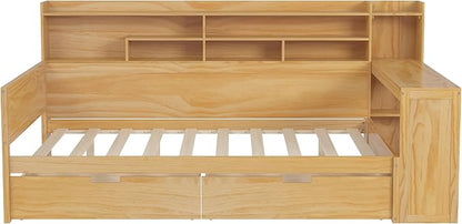 Merax Full Size Wood Daybed, Corner Bed Frame with Storage Shelves, 2 Drawers & Study Desk & Built-in Workspace, Multi-Functional Wooden Bed Space-Saving for Bedroom, Dorm, Guest Room, Natural