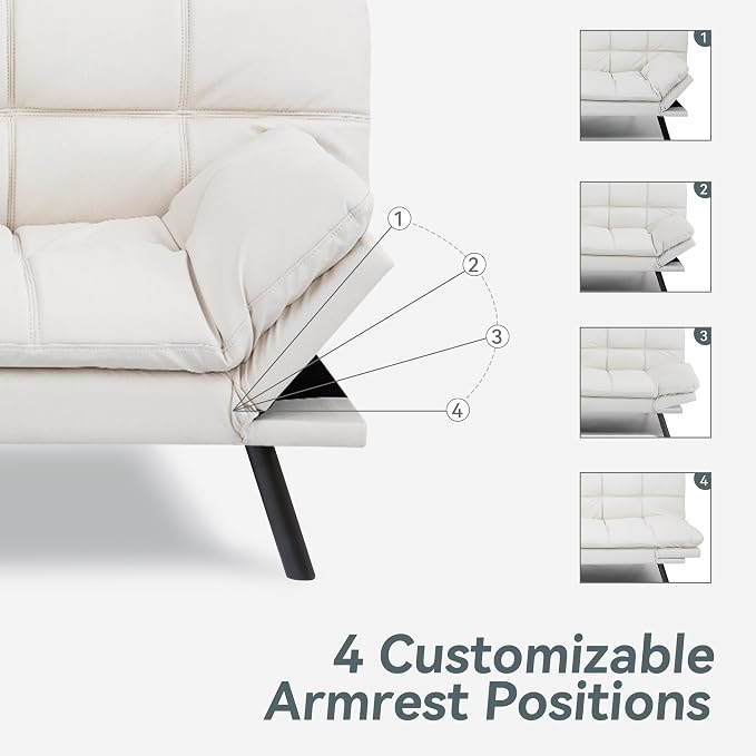 Futon Sofa Bed Convertible Couch, White Faux Leather Sofa Bed with Memory Foam, Adjustable Backrest & Armrests, Multifunctional Small Loveseat Sleeper Sofa for Living Room, Apartment, Office