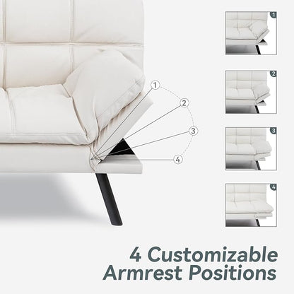 Futon Sofa Bed Convertible Couch, White Faux Leather Sofa Bed with Memory Foam, Adjustable Backrest & Armrests, Multifunctional Small Loveseat Sleeper Sofa for Living Room, Apartment, Office