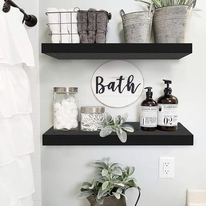 QEEIG Floating Shelves for Wall 23.6" Long - Wall Mounted Shelf Bathroom Kitchen Living Room Bedroom Farmhouse Home Decor Display Bookshelf Large 23.6 x 9.3 inch Set of 2, Black (008-60B)