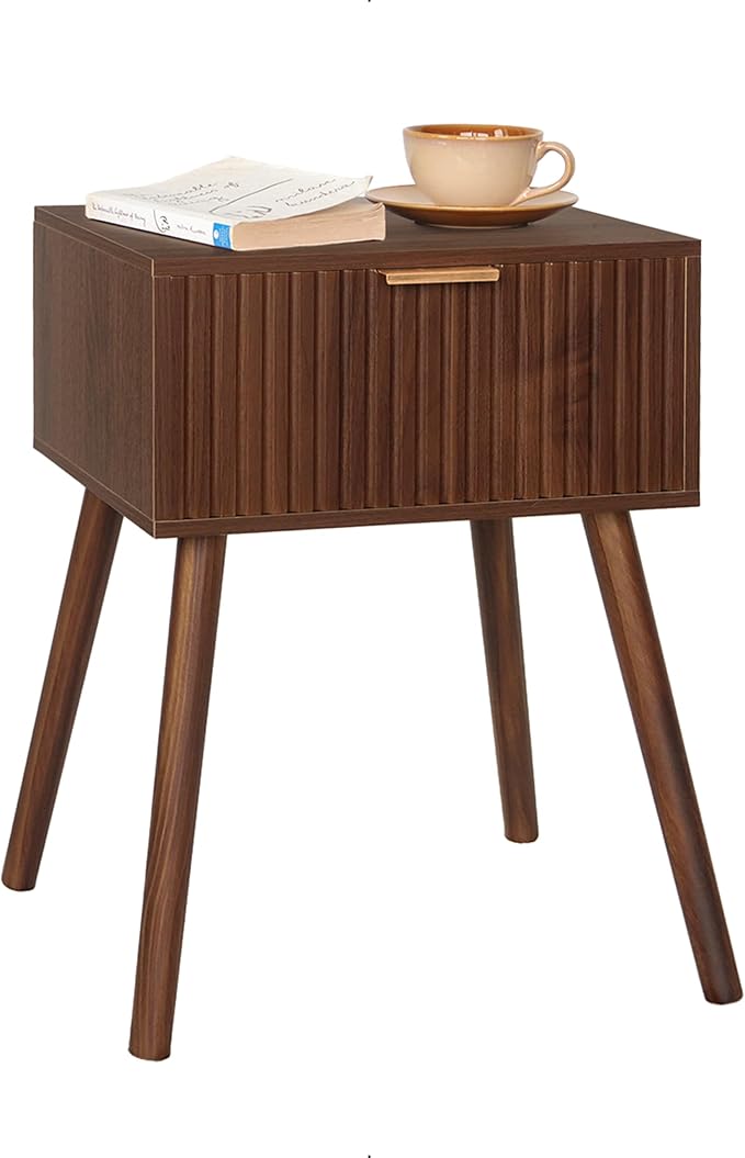 AWASEN Night Stand, Small End Tables Living Room, Mid Century Modern Nightstand Accent Bedside Table with Fluted Drawer for Bedroom and Small Space, Walnut Brown