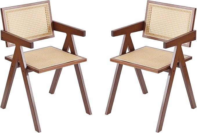 Tiita Rattan Dining Chairs Set of 2, Mid Century Modern Armchairs, Wooden Kitchen Chairs for Dining Room, Living Room, Walnut