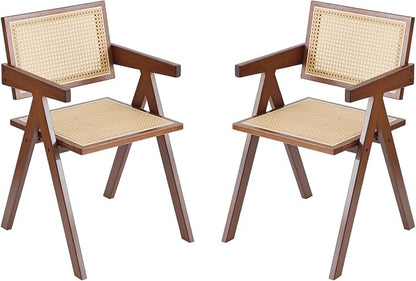 Tiita Rattan Dining Chairs Set of 2, Mid Century Modern Armchairs, Wooden Kitchen Chairs for Dining Room, Living Room, Walnut