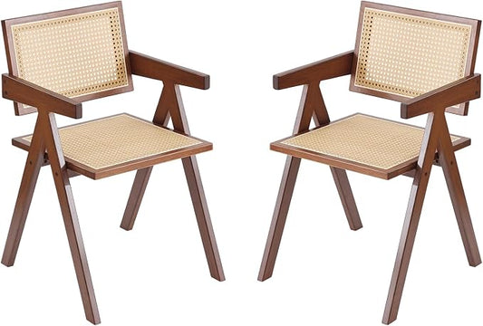 Tiita Rattan Dining Chairs Set of 2, Mid Century Modern Armchairs, Wooden Kitchen Chairs for Dining Room, Living Room, Walnut