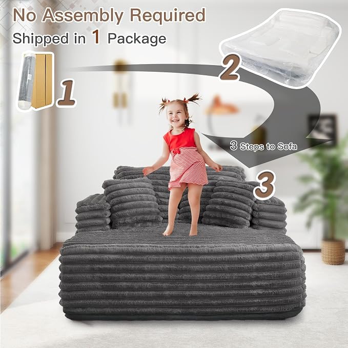 JEEOHEY 56" Oversized Chaise Lounge Chair Indoor,Plush Faux Fur Sleeper Sofa Couch Bed with Pillows&Wide Armrests,Fluffy Comfy Cloud Couch,Compression Foam Couch for Living Room,Bedroom(Grey)