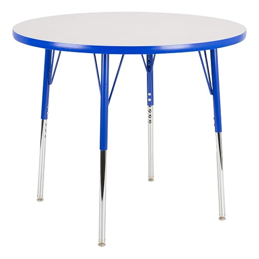 Norwood Commercial Furniture Adjustable Height Classroom Activity Table for Kids & Adults, Round Activity Table for School and Home, 30" D x 30" W x 30" H, Gray/Blue