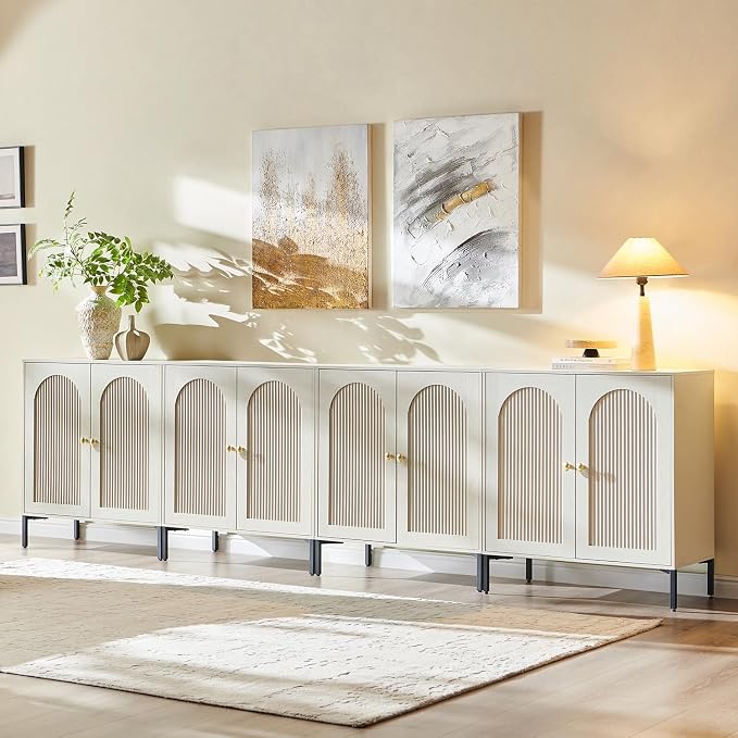 IFGET Modern Buffet Cabinet with Storage, 123.5" W Fluted Arched Sideboard Cabinet w/Adjustable Shelves, Wooden Modular Coffee Bar for Dining Room, Kitchen, Living Room, Entryway, Cream