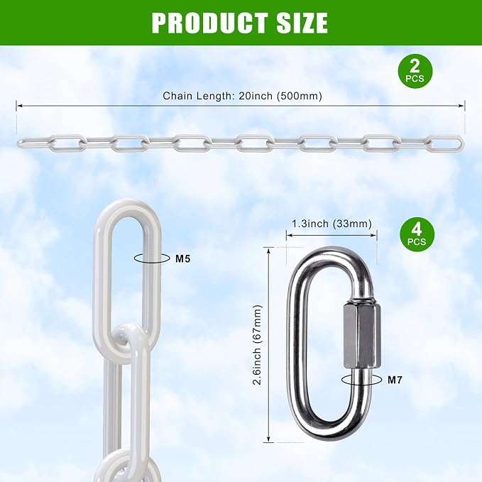 2Pcs 20" Heavy Duty Hanging Chain with Hooks Swing Extension Chain White | 1000 LB Capacity Hammock Extension Chain for Swing Chair, Hanging Chair, Porch Swing, Hammock Chair, Punching Bags, Heavy Bag