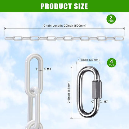 2Pcs 20" Heavy Duty Hanging Chain with Hooks Swing Extension Chain White | 1000 LB Capacity Hammock Extension Chain for Swing Chair, Hanging Chair, Porch Swing, Hammock Chair, Punching Bags, Heavy Bag