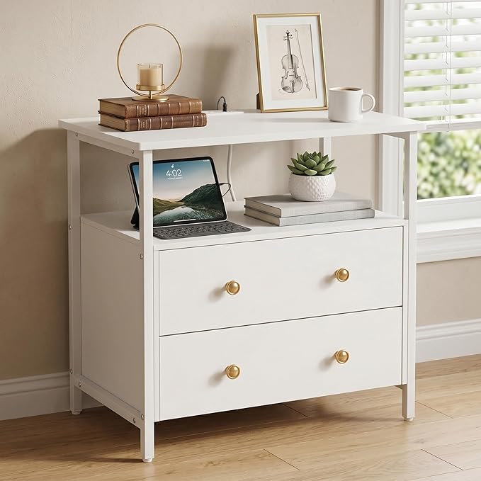 Edbuosy 27 inch Wide Night Stand with Charging Station, Bedside Table with Open Shelf, 2 Drawers Small Wood Dresser, Modern Wood Nightstand for Bedroom/Living Room, White