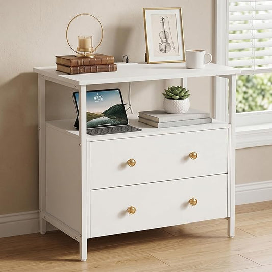 Edbuosy 27 inch Wide Night Stand with Charging Station, Bedside Table with Open Shelf, 2 Drawers Small Wood Dresser, Modern Wood Nightstand for Bedroom/Living Room, White