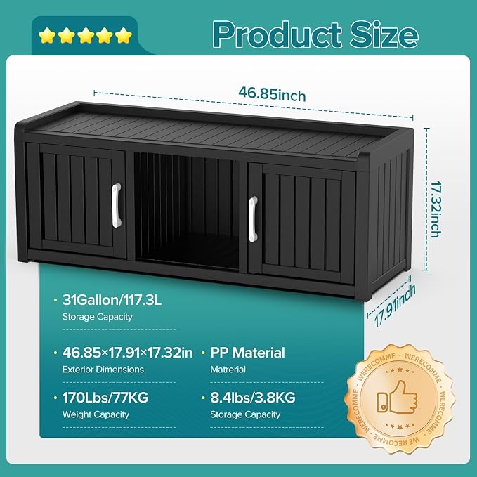 DRATO Outdoor Shoe Storage Cabinet, Waterproof Resin Shoe Storage Bench, Large Shoes Rack Cabinet with 2 Doors for Outdoor Indoor Entryway Hallway Corner Bedroom Porch (Black, 2 Doors)