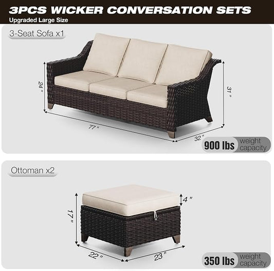 Joyside Patio Furniture Set, 3 Pieces Outdoor Wicker High Back Sofa with Ottoman and Comfy Cushions, Upgraded Large Size, All Weather High Back Conversation Set, (Brown/Beige)