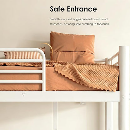 Bunk Beds Twin Over Full Size, Heavy Duty Metal Bunk Bed Frame with Angled Ladder for Teens and Adults, for Spaces-Saving, Smooth Rounded Edges, Noise Free & Easy Assembly, White