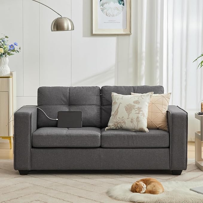 TYBOATLE 65" Small Couches for Bedroom, Mid-Century Modern Tufted Comfy Loveseat w/USB Charging Ports and Wide Arms, 2 Seater Small Office Sofa for Dorm, Apartment, Grey
