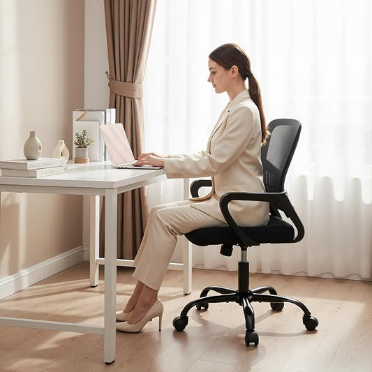 DUMOS Home Office Chair - Ergonomic Mid Back Mesh Desk Chair with Lumbar Support & Rocking Mode, Height Adjustable, Fixed Armrest, for Conference, Computer, 360° Swivel, Adults, Black