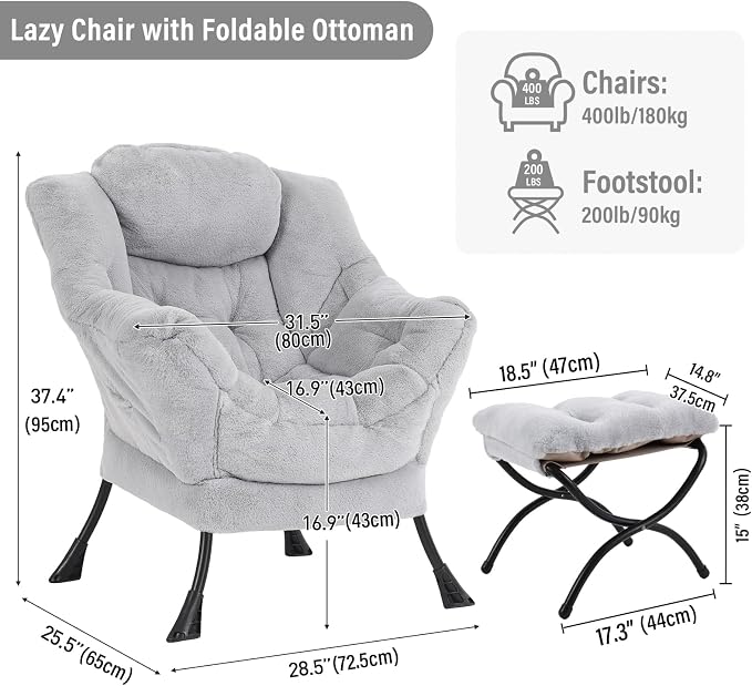 Furlide Lazy Chair with Ottoman, Modern Accent Chair with Armrests and a Side Pocket, Plush Grey Accent Chairs, Reading Chairs, Oversized Armchairs for Bedroom, Study, Living Room, Courtyard
