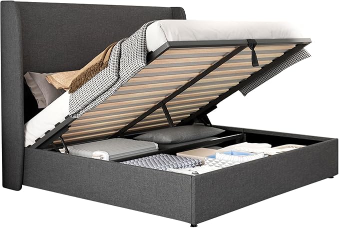 Jocisland Lift Up Storage Bed Queen Size Linen Upholstered Platform Bed Frame/Hydraulic Storage/Modern Wingback Headboard/No Box Spring Needed/Wood Slats Support/Dark Grey
