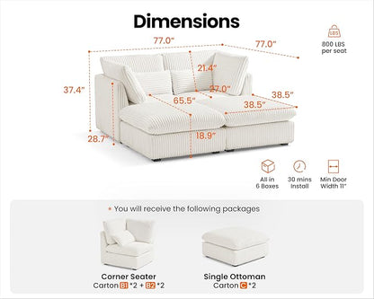 77" Oversized Corduroy Couch Modular Sectional Sofa, Washable Cloud Couch Sectional with 2 Ottoman, 4 Seater Sectional Couches for Living Room, Fully Cover Removable, Chaise Lounge, Corduroy, White