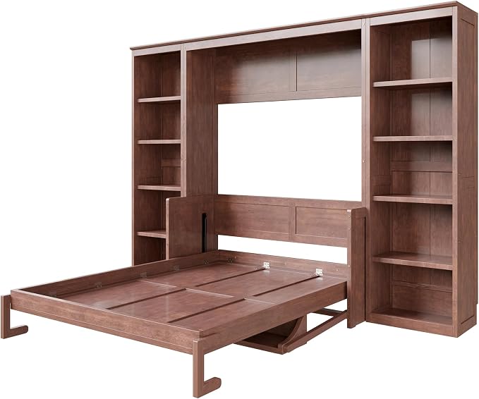 MERITLINE Full Murphy Bed with Desk and Storage Shelves, Solid Wood Vertical Murphy Wall Bed Cabinet with Storage Bookshelves Bookcase for Living Room, Guest Room (Full,Dark Brown)