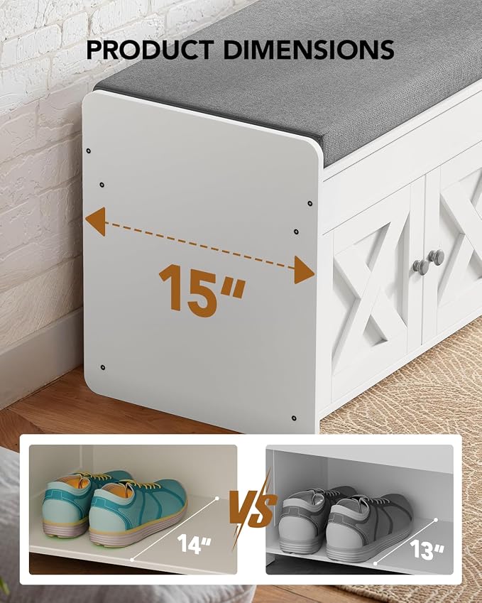 Amada Shoe Storage Bench, 47.2" Long Entryway Bench with Cushioned Seat & Lift Top Storage, 4 Doors, Adjustable Shelf, 300 lbs Capacity, Bench with Shoe Rack for Entryway, Bedroom, Living Room, White