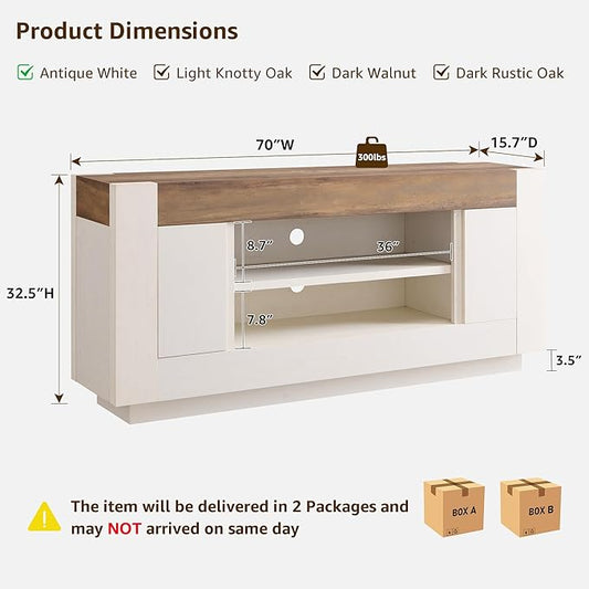 OKD Modern 70" TV Stand, Entertainment Center for TVs Up to 80", Media Console with Large Open Storage & Side Cabinets, Thick Wood Design for Living Room, Antique White
