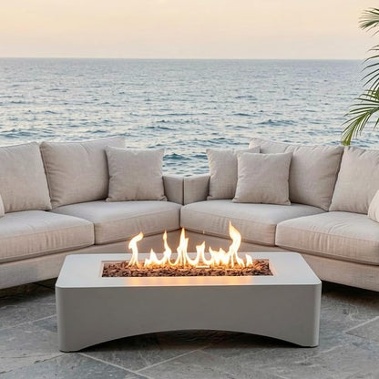 56" Propane Fire Pit Table, 50,000 BTU Rectangular Outdoor Gas Fire Pit, Concrete Patio Fire Table with Tank Seat, Lava Rocks & Waterproof Cover for Backyard Deck, Light Grey